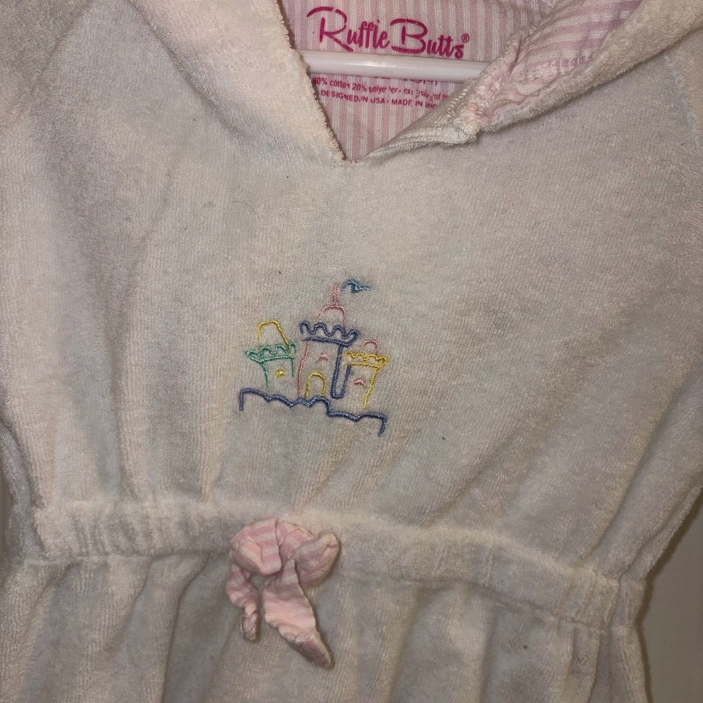 Ruffle Butts White Hooded Towel Dress with Pink Trim - Picture 2 of 3